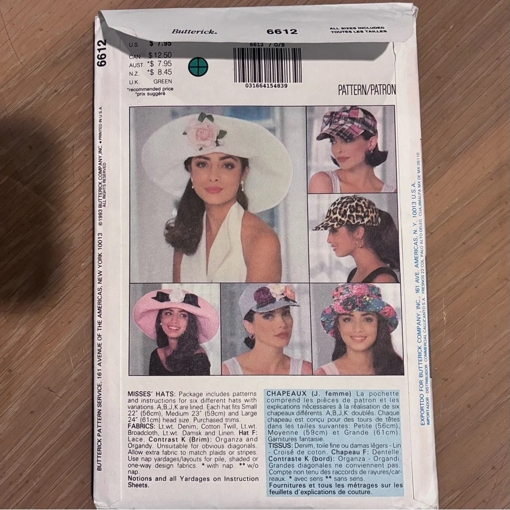 VINTAGE Unused UNCUT Sewing Patterns.  (2) NEW in original packages 1993. Hats.